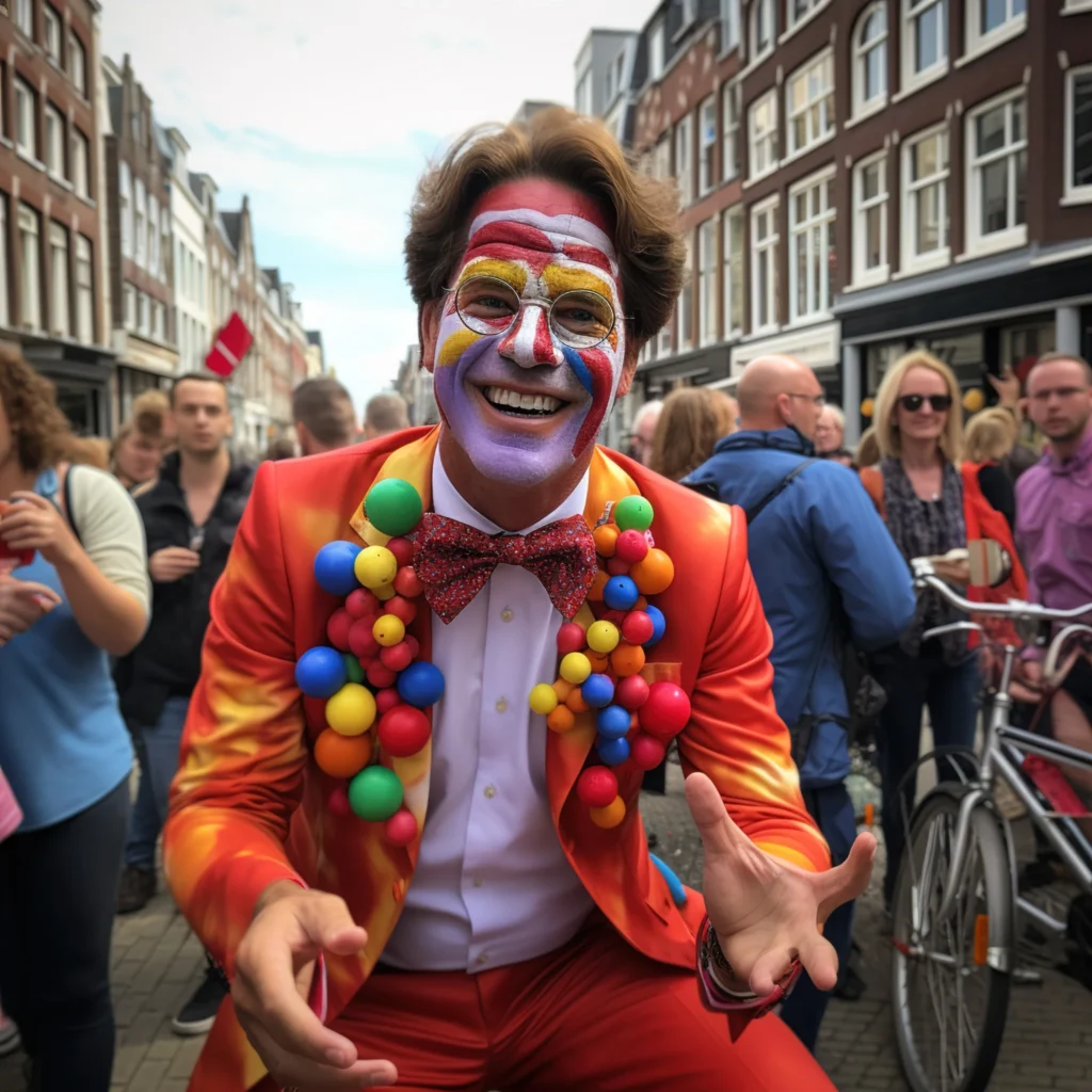Feestvierder met kleurrijke schmink en een oranje kostuum op straat