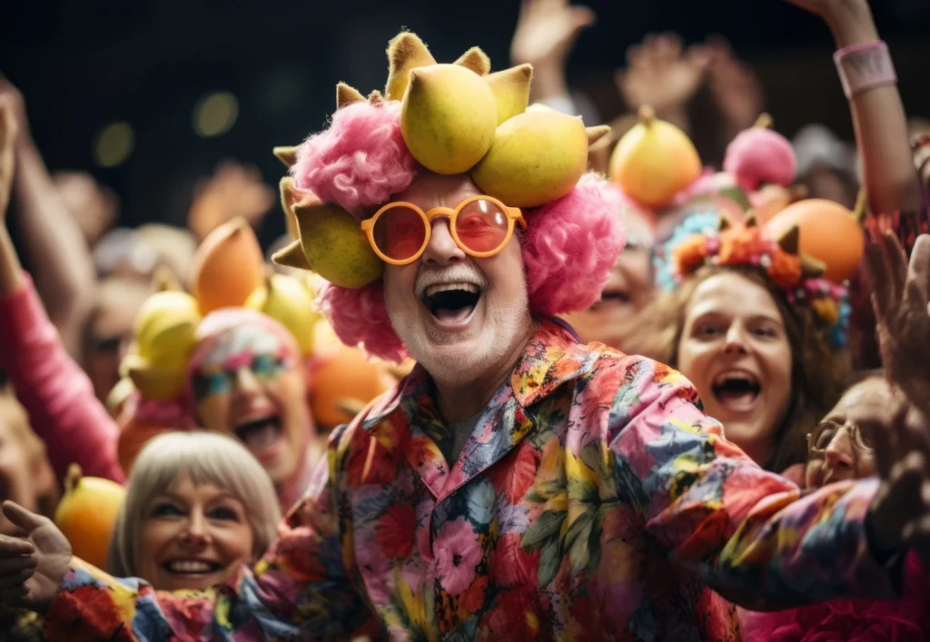 Feestvierders met kleurrijke kostuums en een hoed met fruitversiering