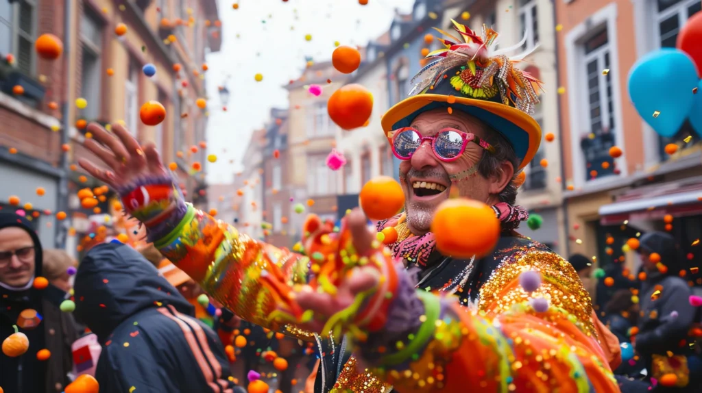 Lachende feestvierder in een kleurrijk kostuum met oranje ballen in de lucht