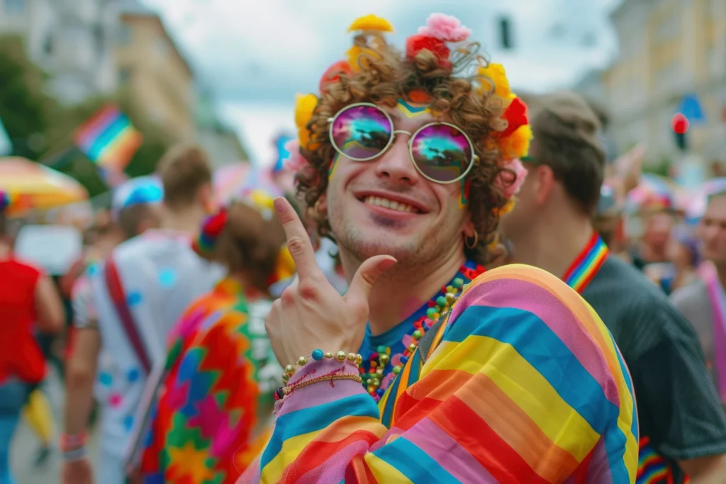 Feestvierder met een zonnebril en regenboogkleurige kleding