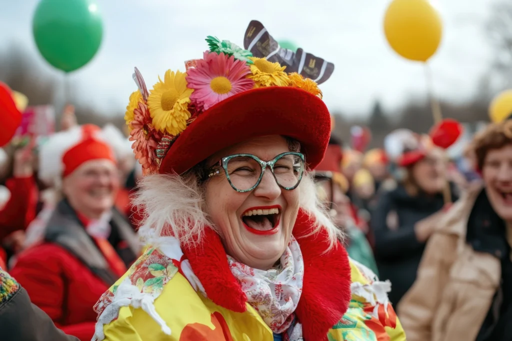 Lachende vrouw met een rode hoed vol bloemen tijdens een feest