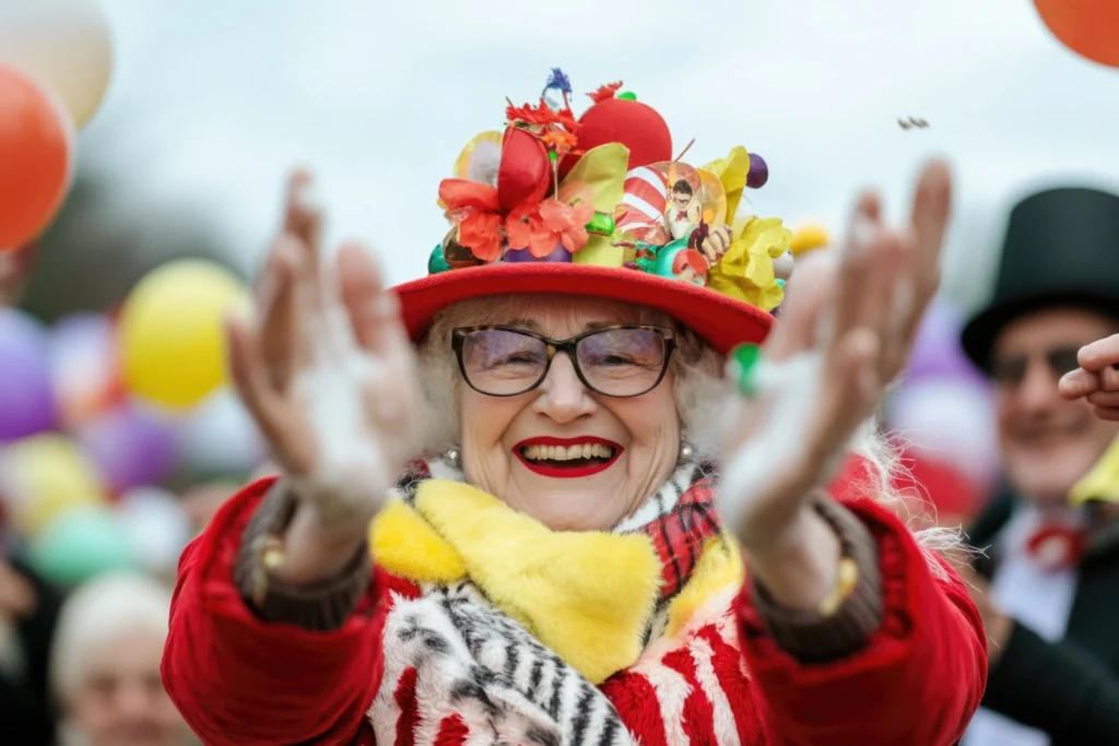 Feestvierende vrouw met een versierde rode hoed en een gele sjaal