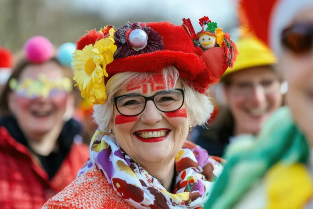 Vrouw met rode schmink en een versierde carnavalshoed