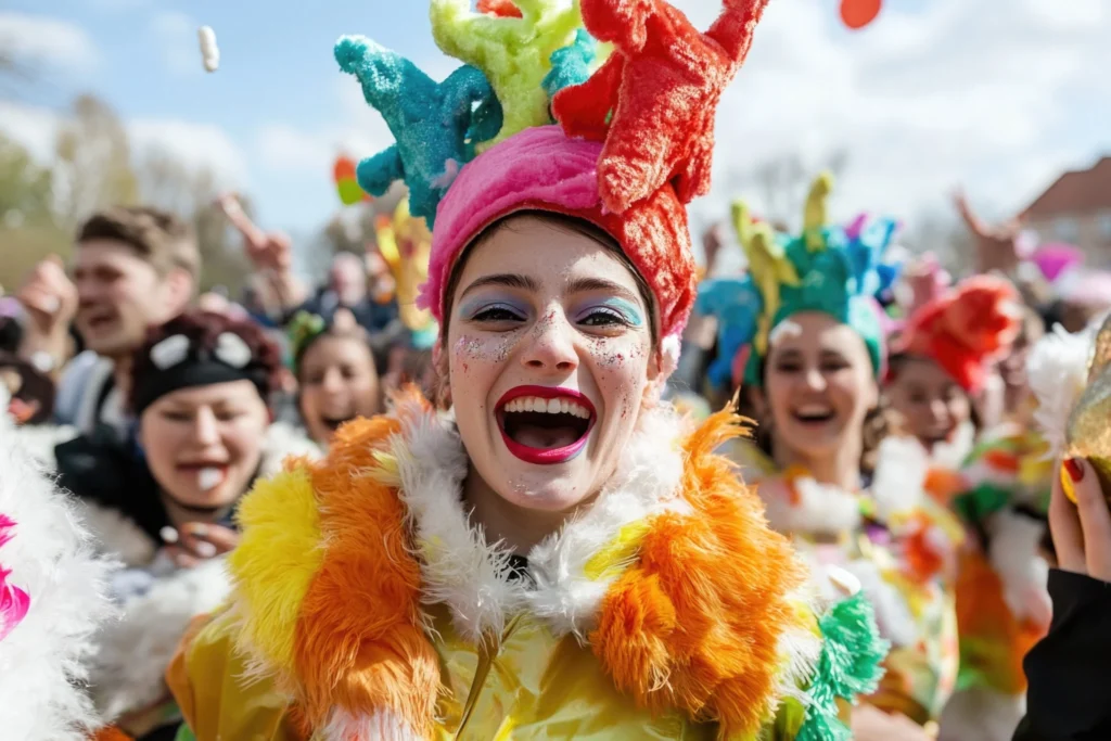 Groep verklede feestvierders met kleurrijke hoeden en boa's